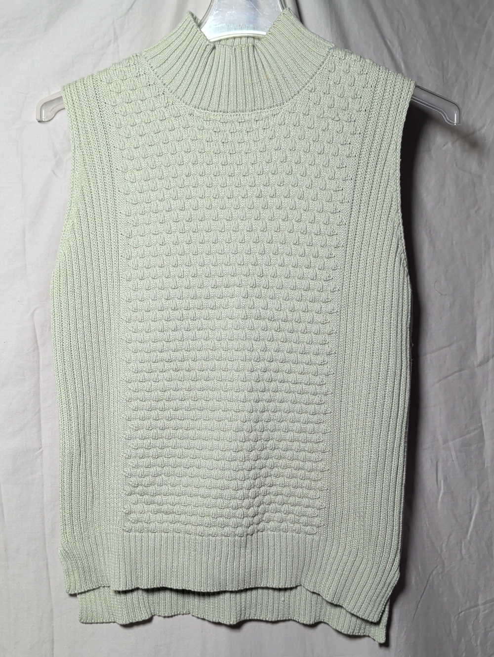 Premise Light Sage Sleeveless Mock-Neck Sweater Vest Cable Knit Capsule Wardrobe